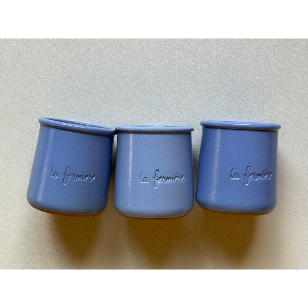 Set of 3 La Fermiere Blue French Terracotta Yogurt Pots Cups Clay Ramekins